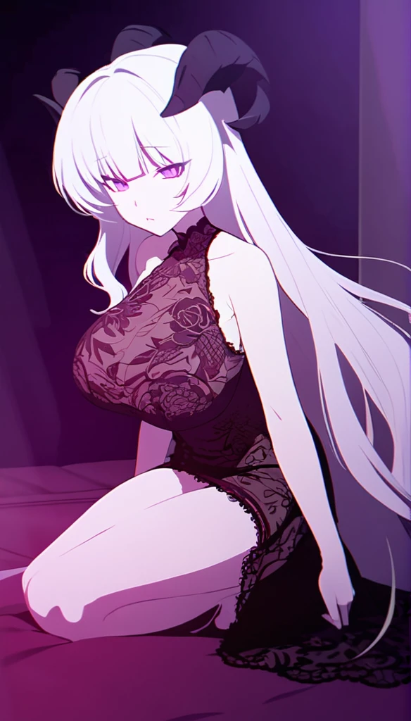 a girl with long white hair, purple eyes, wearing a red lace dress, kneeling on a large bed, in the dark with violet tones, sexy, sensual,black goat horns,voluptuous