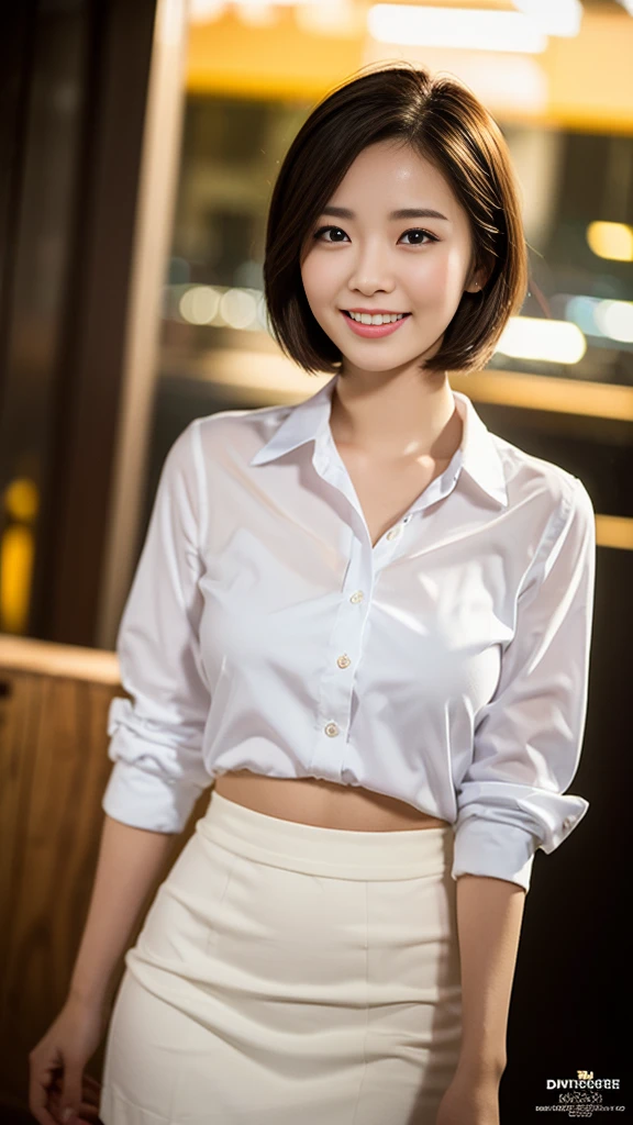 (a gorgeous lady, age 22, Formal Office Lady, white shirt and mini-skirt, natural pose under night sky, dimpled smile, short bob hair, cute snaggletooth, ample round bosom, photorealistic, beautiful detailed eyes, beautiful detailed face, hyper-realism, high contrast, ultra HD, realistic skin textures, top image quality, top-quality, super high resolution, fine details, very meticulously, the Cowboy shot, bokeh background)