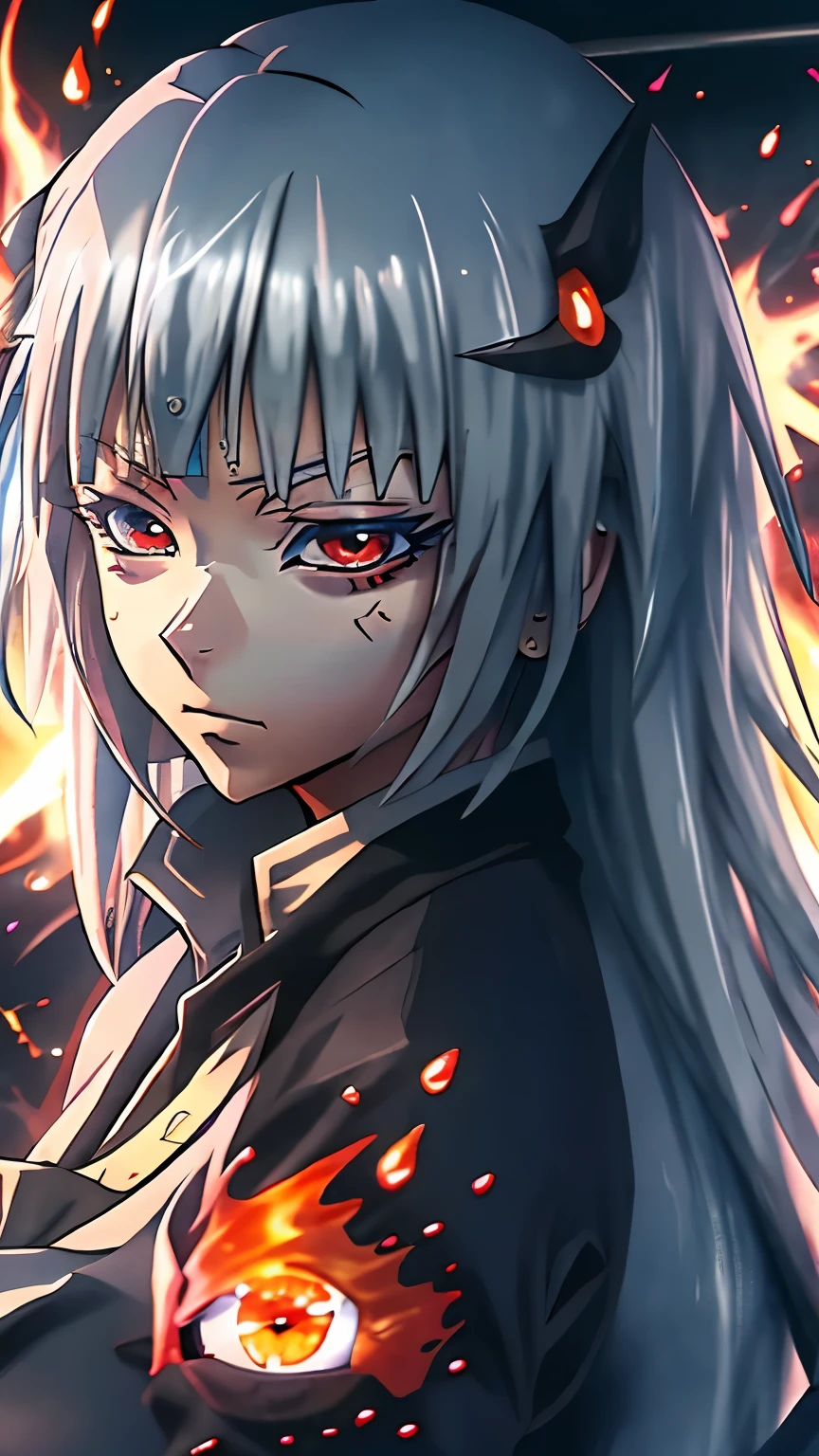 tensei shitara slime datta ken, luminous valentine, silver Hair, anime art style, tensei shitara limo datta ken, 2D anime style, reincarnated as a slime, bright fiery eyes, bright orange eyes, Bright ember eyes, burning eyes, red eyes of fire, wallpaper, 4 k manga wallpaper, animated badass 8k, 4k animado wallpaper, animated epic artwork, hd anime wallaper, anime wallaper, animated style 4k, ultra hd animado wallpaper, animado wallpaper 4k, animado wallpaper 4 k, epic animated style, mitz vah art style, detailed animated art