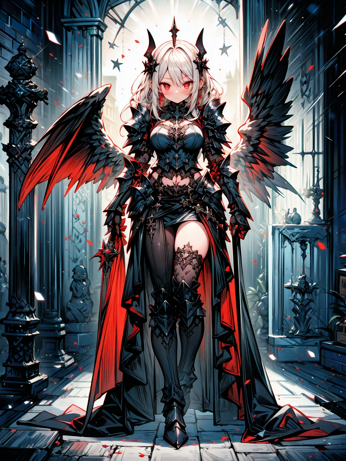 queen power armor , (gothic style), full body view , bellybutton, The most beautiful and sexy demon goddess, long white hair, glowing red eyes, wearing detailed black gothic battle armor, black angel wings, tattoos and piercings, gothic castle, perfect masterpiece, high quality, high resolution



