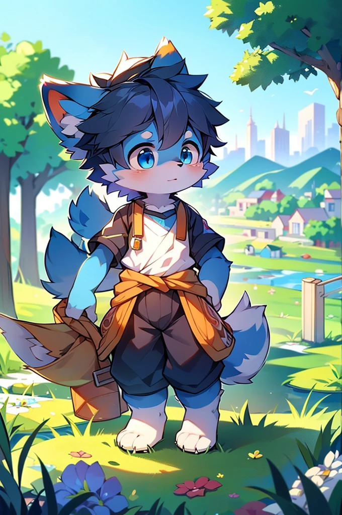 Blue fur, Canine, fox motif, boy, uniform,expensive,One person,Stand up on your own feet,expensive,Cityscape,expensive,,Rural Scenery,Rice field scenery,