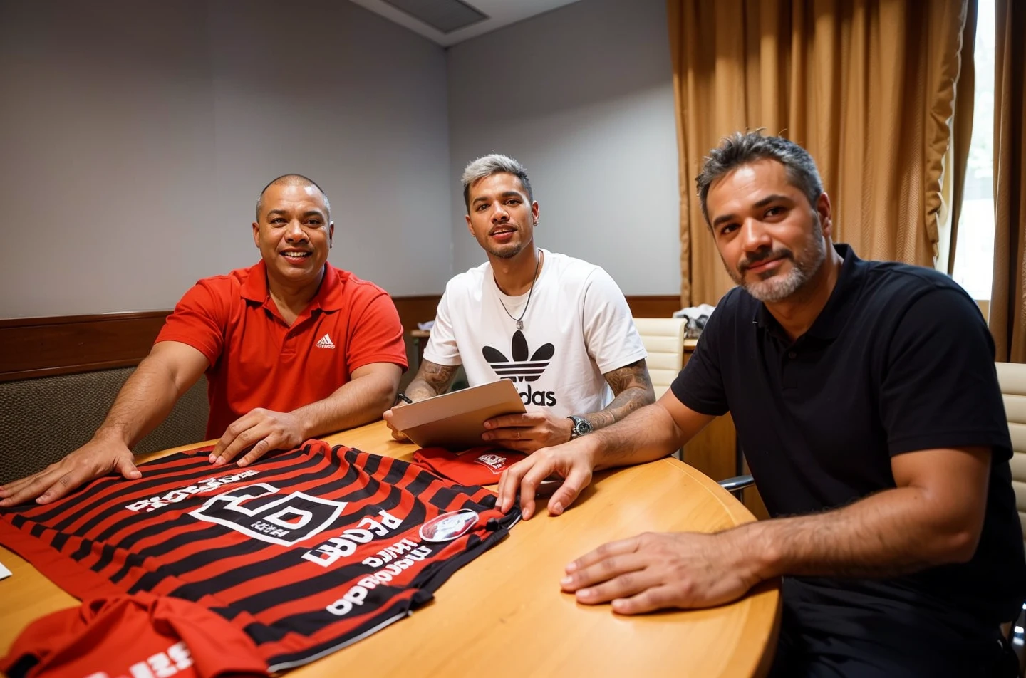 Create an ultra-realistic image of a young soccer player signing a contract with Flamengo from Rio de Janeiro. The player is sitting at a table, holding a pen and looking directly at the camera. He has vibrant blue hair and a vibrant blue beard, and is wearing a black jacket with a zipper. In the background, there is a panel with the logos of Flamengo and its sponsors, highlighting the significance of the contract signing moment with the club.