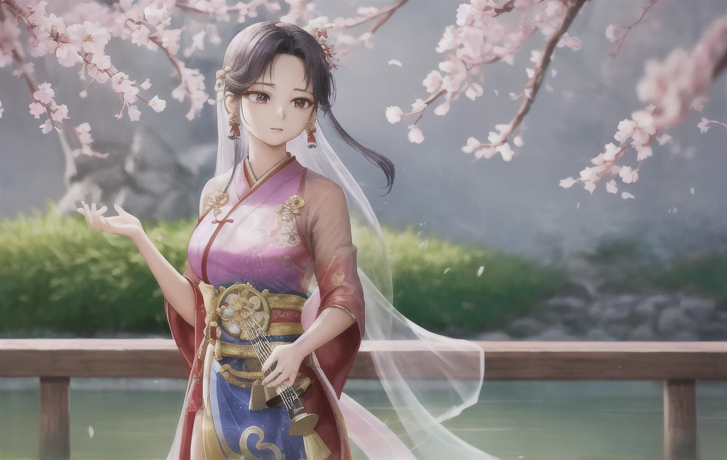 "Depict Tzuyu from Twice gracefully playing the Guzheng, adorned in an elaborate and elegant Hanfu dress. Her attire should flow with intricate, traditional patterns and vibrant colors, reflecting the cultural richness. She is positioned in a serene, ancient Chinese landscape, perhaps near a tranquil waterfall or amidst blossoming cherry trees, which enhances the mystical atmosphere. To embody Wuxia elements, Tzuyu should exude an aura of strength and serenity, with subtle hints of martial prowess. The scene could include ethereal wisps of energy swirling around her, and her expression should be focused and serene, suggesting both her mastery of the instrument and a readiness for action."