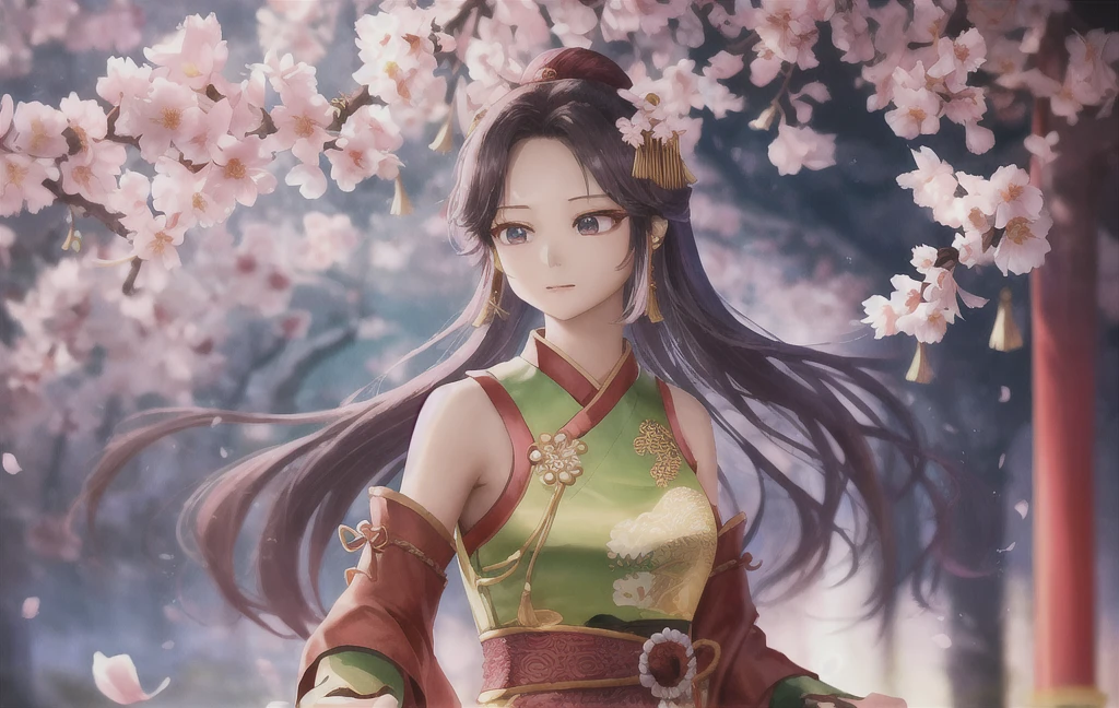 "Depict Tzuyu from Twice gracefully playing the Guzheng, adorned in an elaborate and elegant Hanfu dress. Her attire should flow with intricate, traditional patterns and vibrant colors, reflecting the cultural richness. She is positioned in a serene, ancient Chinese landscape, perhaps near a tranquil waterfall or amidst blossoming cherry trees, which enhances the mystical atmosphere. To embody Wuxia elements, Tzuyu should exude an aura of strength and serenity, with subtle hints of martial prowess. The scene could include ethereal wisps of energy swirling around her, and her expression should be focused and serene, suggesting both her mastery of the instrument and a readiness for action."