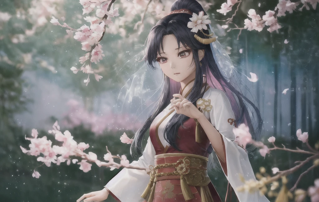 "Depict Tzuyu from Twice gracefully playing the Guzheng, adorned in an elaborate and elegant Hanfu dress. Her attire should flow with intricate, traditional patterns and vibrant colors, reflecting the cultural richness. She is positioned in a serene, ancient Chinese landscape, perhaps near a tranquil waterfall or amidst blossoming cherry trees, which enhances the mystical atmosphere. To embody Wuxia elements, Tzuyu should exude an aura of strength and serenity, with subtle hints of martial prowess. The scene could include ethereal wisps of energy swirling around her, and her expression should be focused and serene, suggesting both her mastery of the instrument and a readiness for action."