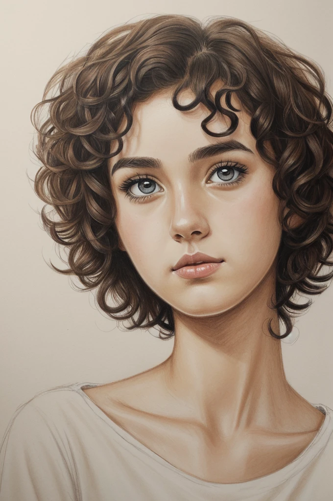 drawing sketch ((girl with short curly hair, with sad features, and expressive eyes))