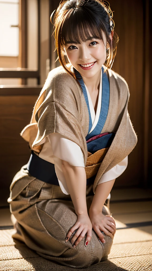 (8k, RAW photo, best quality, perfect anatomy, masterpiece:1.2), (realistic, photo-realistic:1.4), (extremely detailed 8k wallpaper), sharp focus, professional lighting, depth of field, cinematic lighting, 25 years old Beautiful and cute japanese actress, smile, wearing a traditional Japanese kimono, Crouching