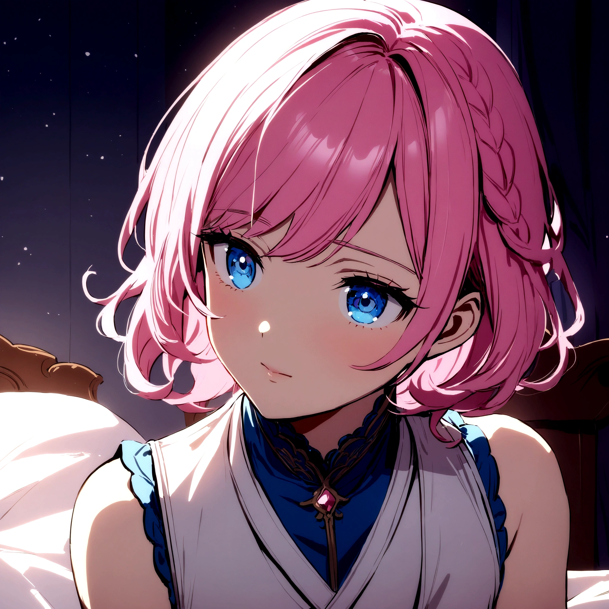 (A pretty:1.2) pink hair, blue detailed eyes, (in a charming pose:1.3), Wear a white vest, in his bedroom.