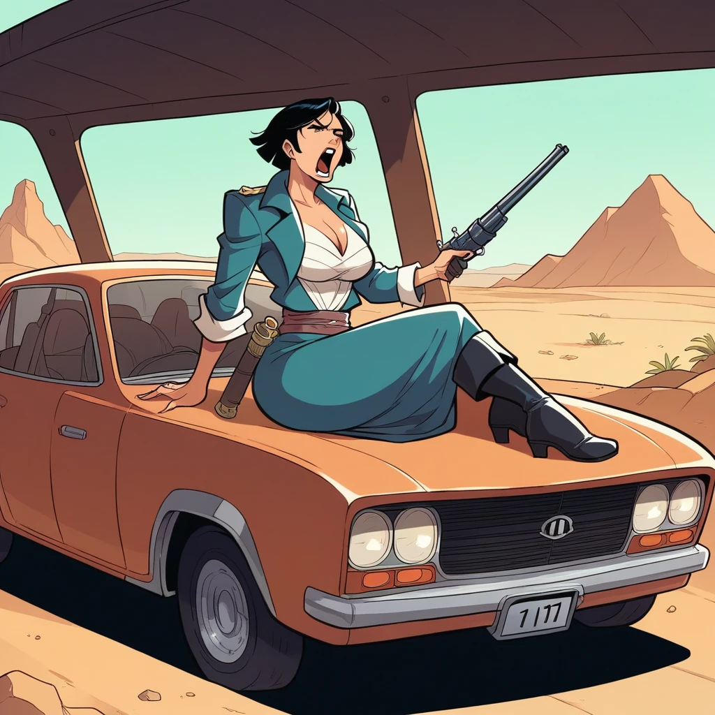 japanese tall mature woman, tall woman, beautyfull woman, mature woman, short hair, mad max clothes style, pirate overcoat, dark eye circle, black boots, inside car, shooting with a shotgun, screaming, desert background, black boots, full body, comics art style