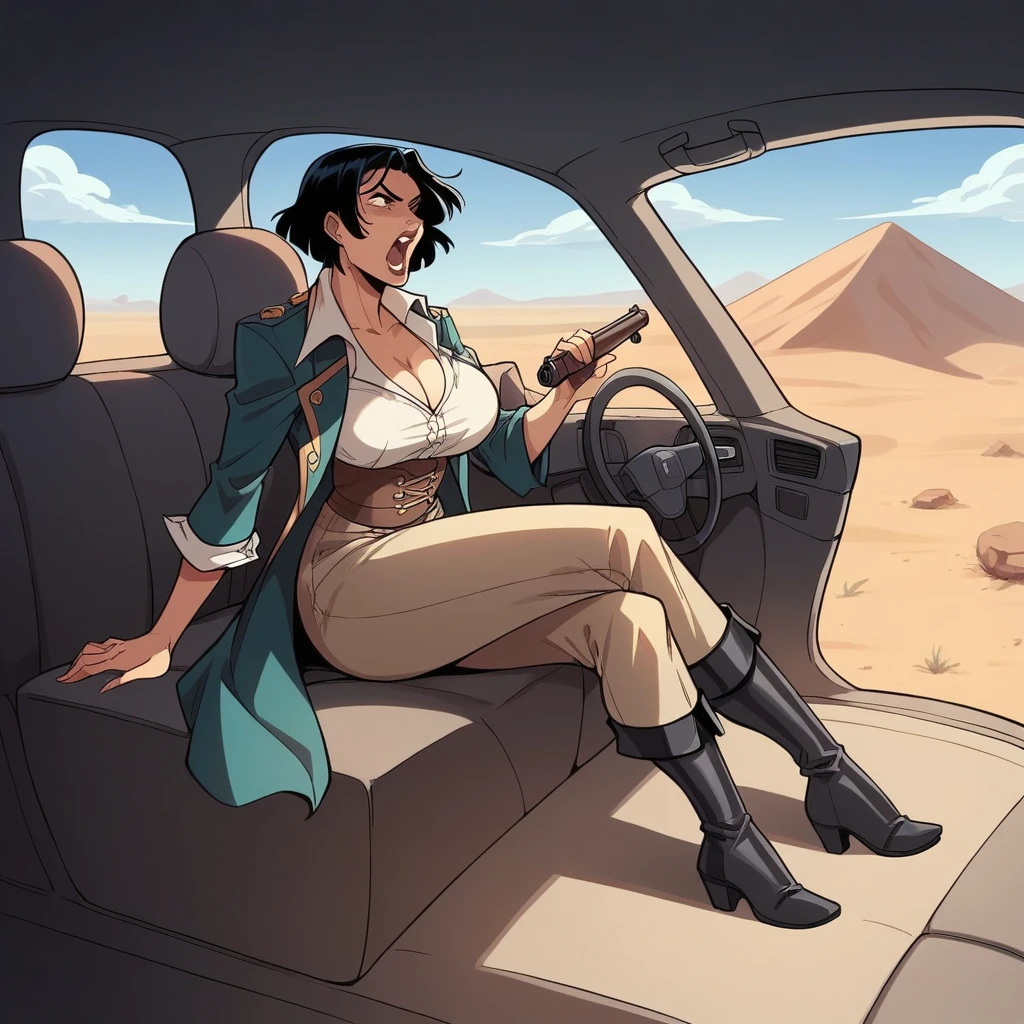 japanese tall mature woman, tall woman, beautyfull woman, mature woman, short hair, mad max clothes style, pirate overcoat, dark eye circle, black boots, inside car, shooting with a shotgun, screaming, desert background, black boots, full body, comics art style