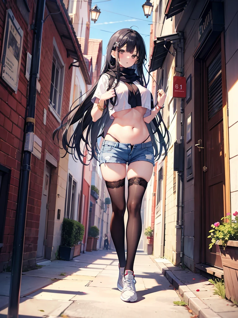 1girl,,legwear,,anklet,black hair,straight_hair,hime cut,long hair,sneakers,huge filesize,scarf，Uniforms，lace,student， breasts,Tight short top，Show your belly button