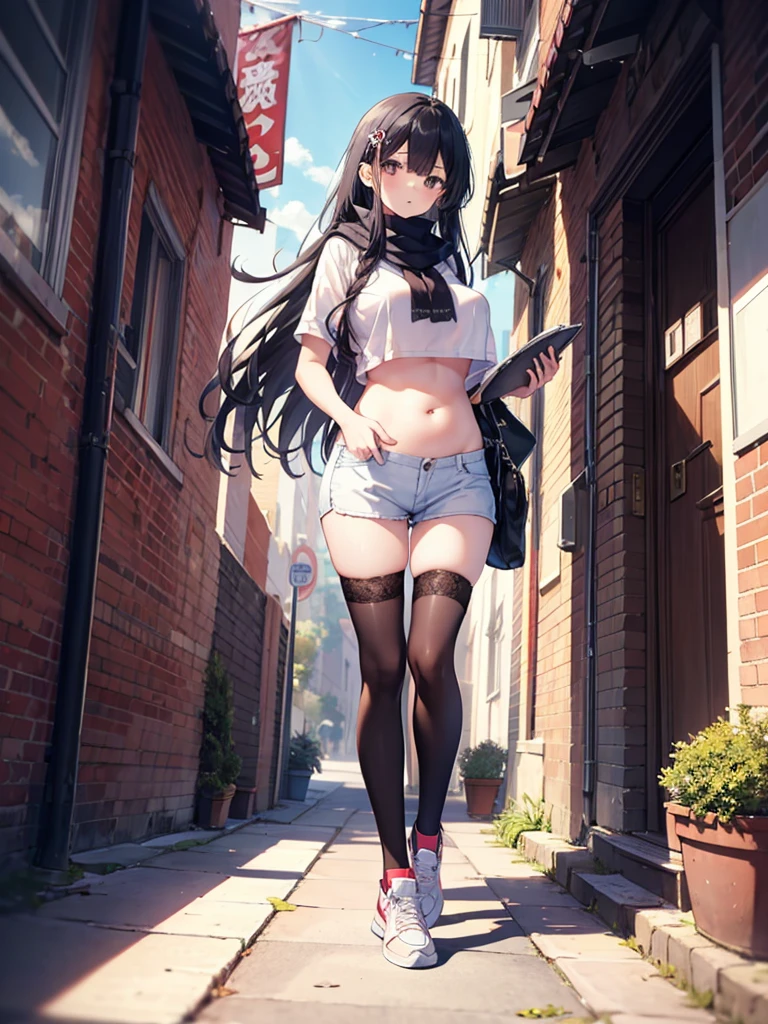 1girl,,legwear,,anklet,black hair,straight_hair,hime cut,long hair,sneakers,huge filesize,scarf,Uniforms,lace,student, breasts,Tight short top,Show your belly button