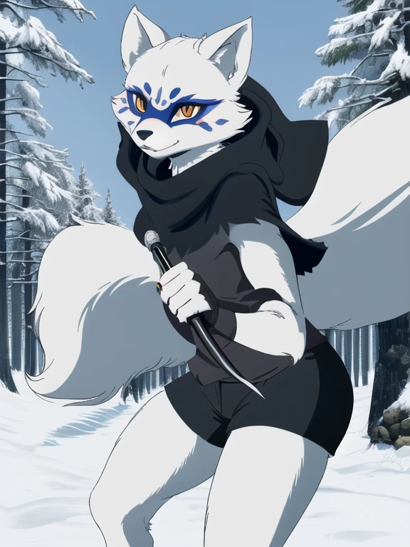 Alopex, arctic fox, furry, blue marks face, tmnt, serious look, orange eyes, girl1, solo, park, forest, cape, black shirt, black shorts, best quality, masterpiece, sickle twin blades