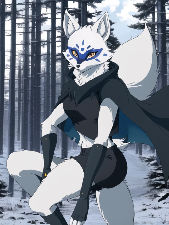 Alopex, arctic fox, furry, blue marks face, tmnt, serious look, orange eyes, girl1, solo, park, forest, cape, black shirt, black shorts, best quality, masterpiece, sickle twin blades
