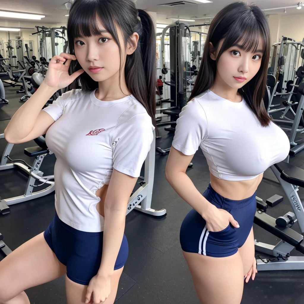 Highest quality，masterpiece，Very detailed, 8K，Beautiful 27 year old Japanese woman:1.5, Small face, blunt bangs, Breast Augmentation Surgery, ((White gym clothes for the upper body、Short sleeve、There is a navy line)), ((The lower half is a navy tight bloomer))、 height:164cm、　K-POPのライブステージ