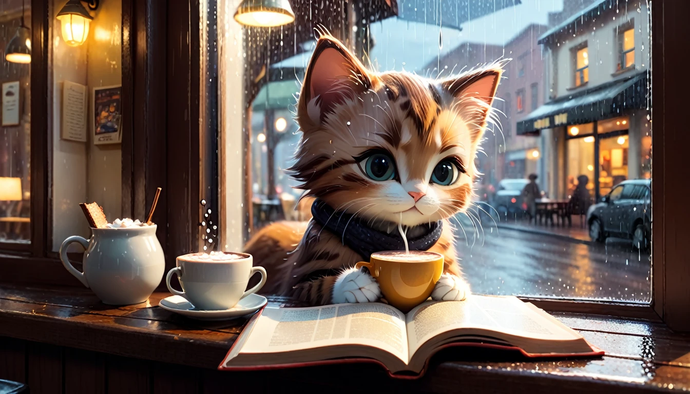 A scene of a cafe with rain falling outside the window, an anthropomorphic kitten is reading a book while drinking hot chocolate on a window seat, the warm light and calm expression are impressive