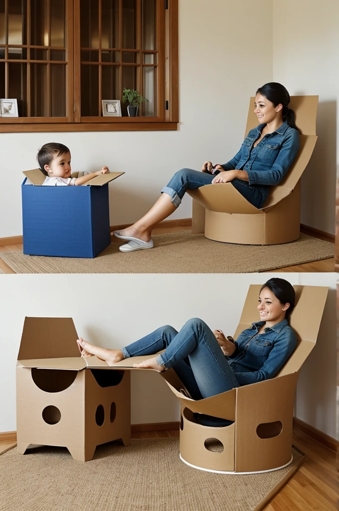Create a cardboard chair that is ideal for sitting half reclined and has holes to put the mate and that is creative