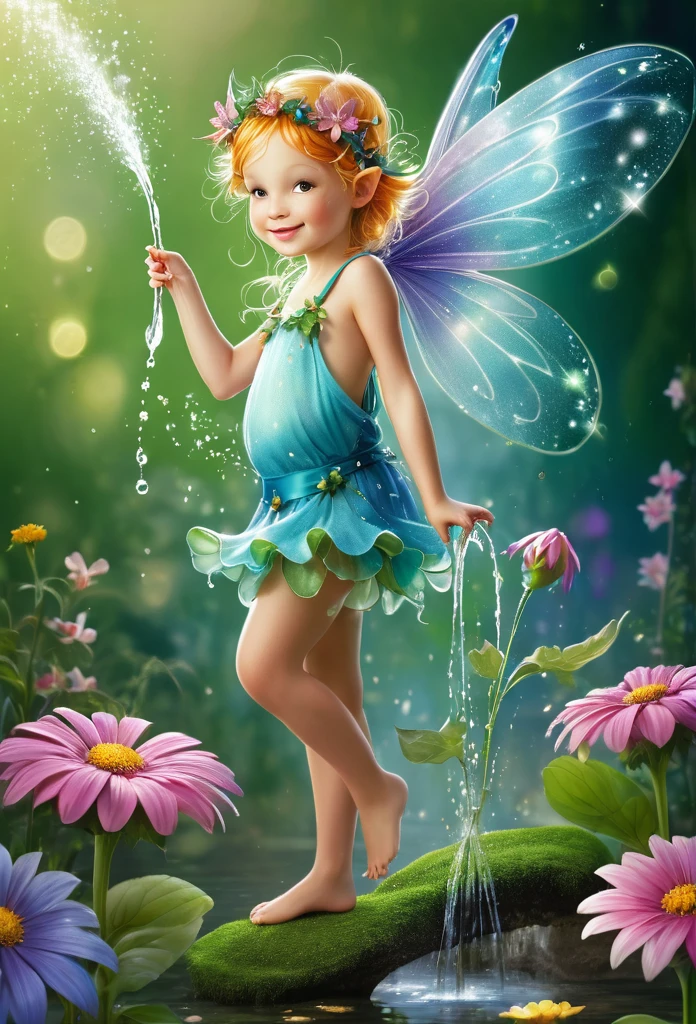 Little fairy gracefully watering a flower,full body,magic background.