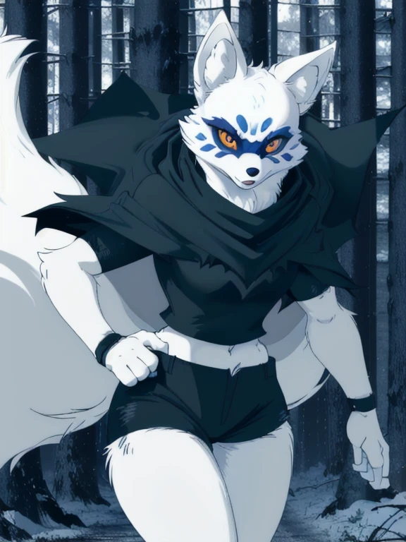 Alopex, arctic fox, furry, blue marks face, tmnt, serious look, orange eyes, girl1, solo, park, forest, black cape, black shirt, black shorts, best quality, masterpiece,