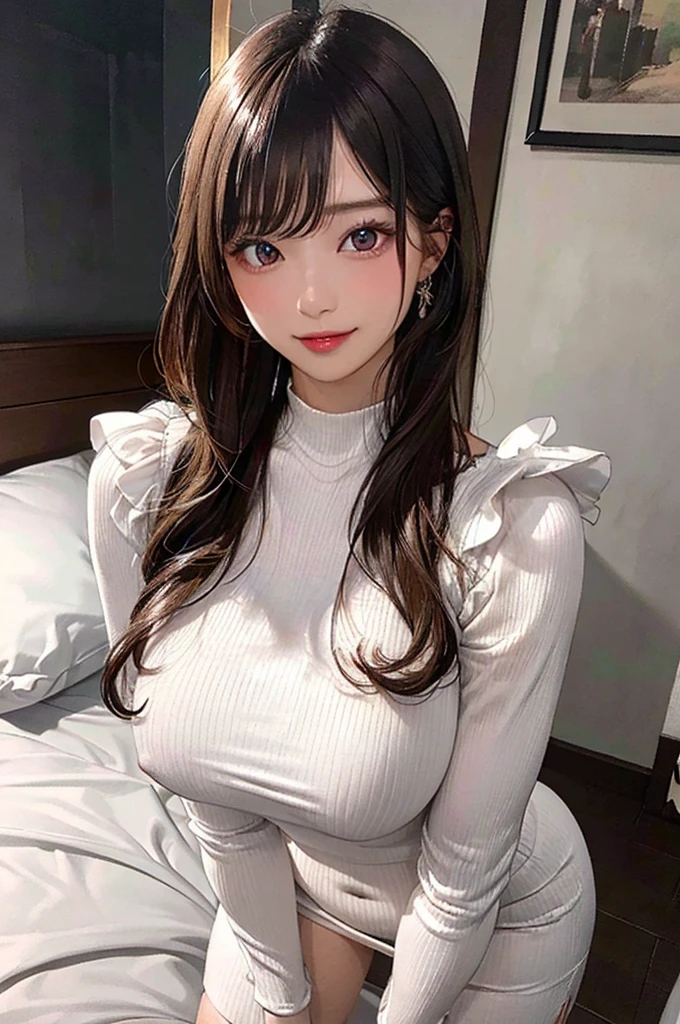 (seductive smile), (((24yo, gyaru))), masterpiece, (((wearing tight dress)), (allfours), ((large breasts)), ((large hip)), (shiny skin), (((skindentation))), photorealistic, realistic, solo, photorealistic, best quality, ultra high res, YuraS, bed, parted lips, beautiful, masterpiece, best quality, extremely detailed face, perfect lighting, ultra high res, ultra detailed