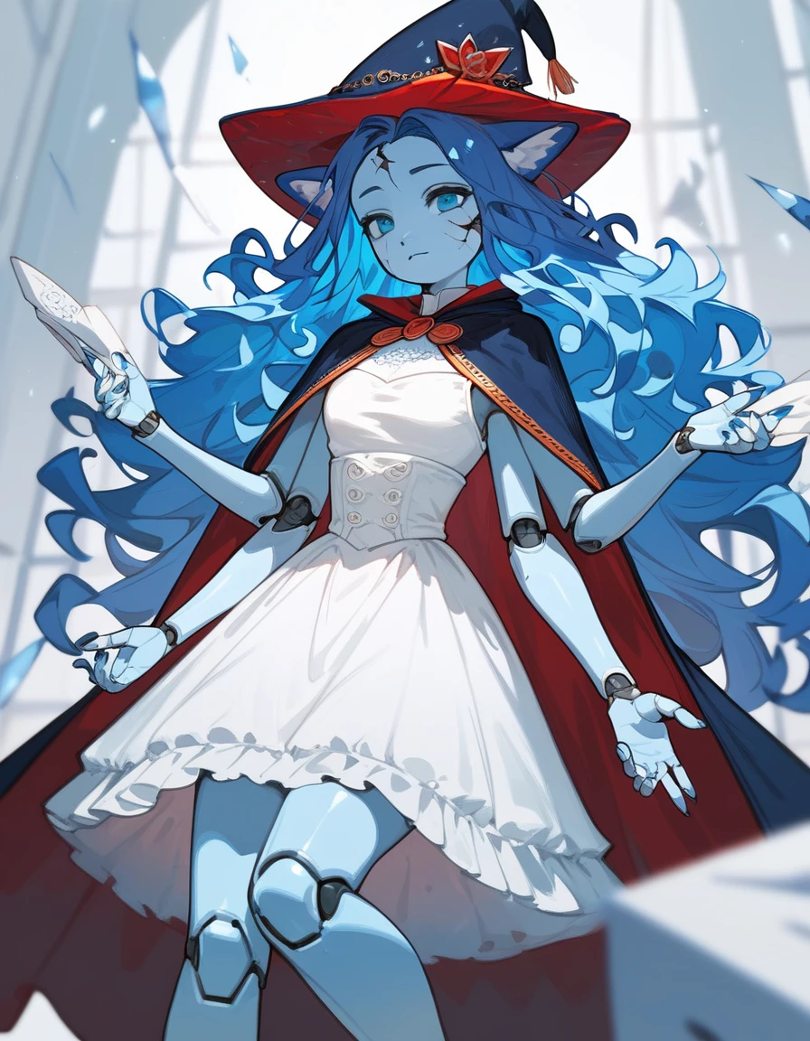 masterpiece, best quality, 1girl, solo, an Anthro furry blue fox girl, IncrsXLRanni, wavy hair, cracked skin, colored skin, blue fur, extra arms, four arms, doll joints, white dress, hat, cloak, 