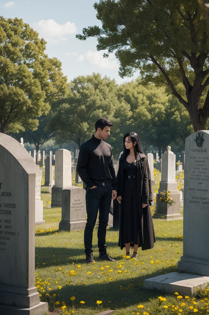create a hyper realistic image of a tombstone with the name Richy Rogers date 1993 to 2023 some yellow flowers and white.
add a woman and a man side by side, The two of them are on their backs, looking directly at the tombstone.
the woman with black hair down to her shoulders, She is wearing a black sweatshirt and jeans and holds a rose.
the lorio man wears a brown police coat, he holds a black umbrella.
background a cemetery and trees and rain
