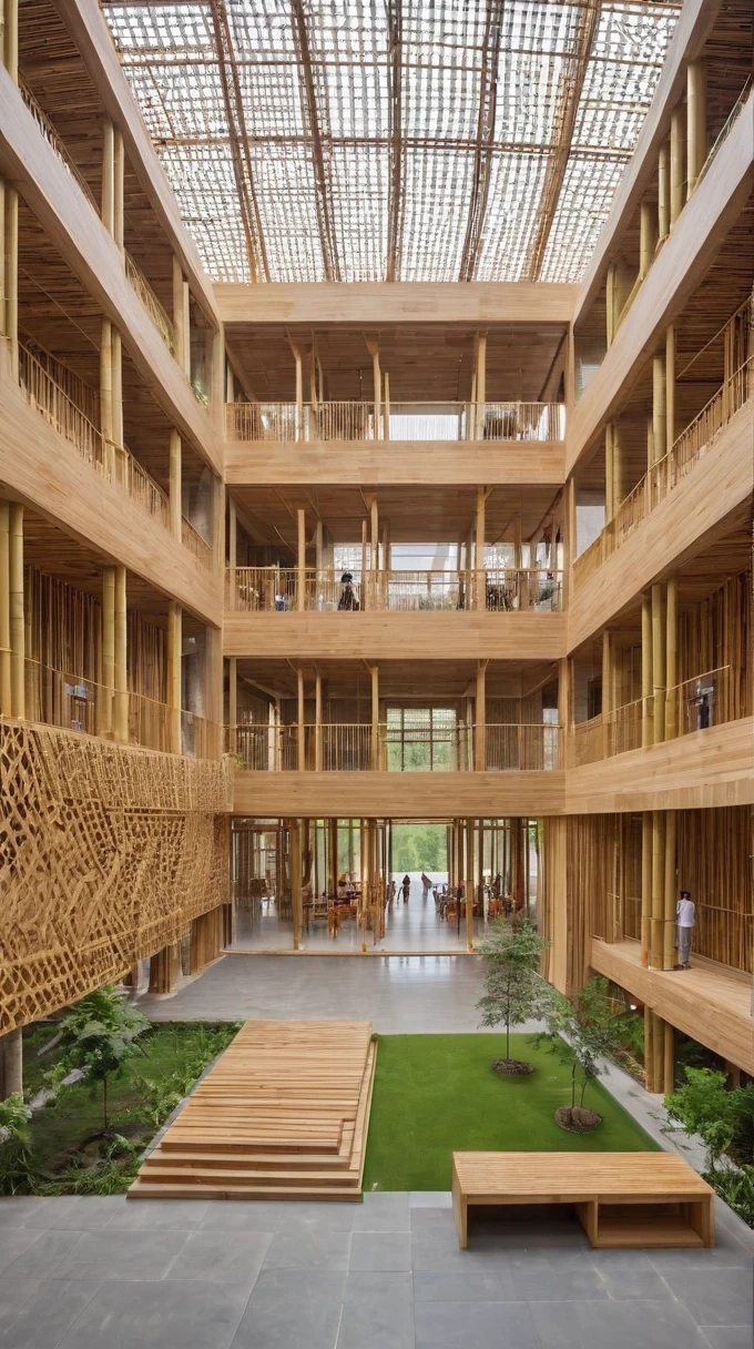 create a cultural center, make it look modern, use bamboo as the main material, parts that are made of reinforced concrete and wood, use of curtain wall, have lattices, hollow brick walls, that has squares and paths with a not so rectangular shape, the entire building can be seen from an aerial perspective