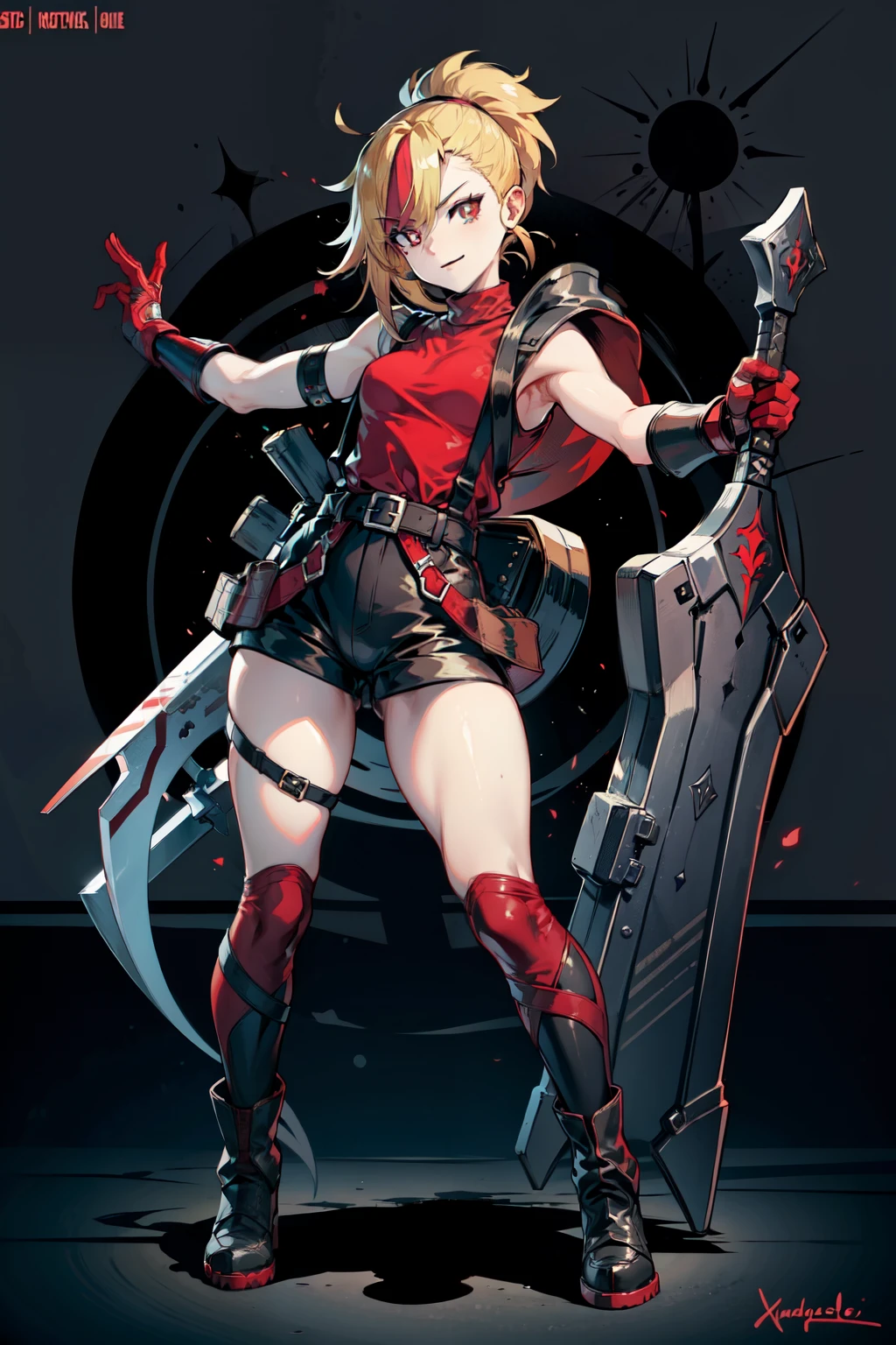 (masterpiece, best quality:1.2), red glowing eyes, red eyes, the eyes are red, perfect face, , strong make up, highres, 1 girl, solo, ultra long ponytail, (female:1.5), strife, blonde hair, shoulder armor, sleeveless turtleneck, suspenders, belt, gloves, bracer, evil smile, standing, portrait, looking at viewer, giant sword on the back, long leather boots, fullbody shot
