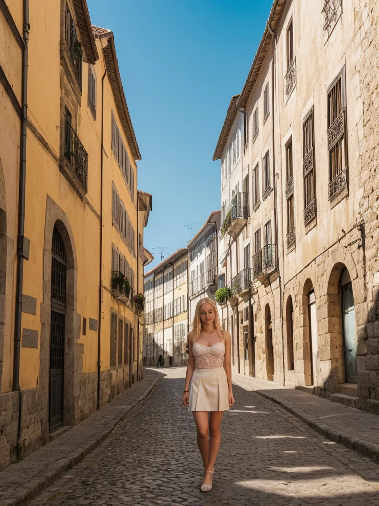 her name is Marie, 1girl, ((20-year-old fit Caucasian woman)), ((20 years old)), ((fit)), ((pale skin tone)), ((medium length straight blonde hair)), wearing Lace-Up Corset Top + High-Waisted Pleated Skirt, pose: standing, background: Write about the unique charm of Porto, Portugal, where tourists can stroll along the Douro River, sample port wine in historic cellars, and admire the city's colorful architecture