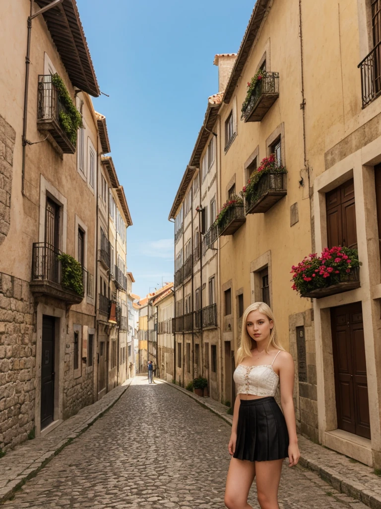 her name is Marie, 1girl, ((20-year-old fit Caucasian woman)), ((20 years old)), ((fit)), ((pale skin tone)), ((medium length straight blonde hair)), wearing Lace-Up Corset Top + High-Waisted Pleated Skirt, pose: standing, background: Write about the unique charm of Porto, Portugal, where tourists can stroll along the Douro River, sample port wine in historic cellars, and admire the city's colorful architecture