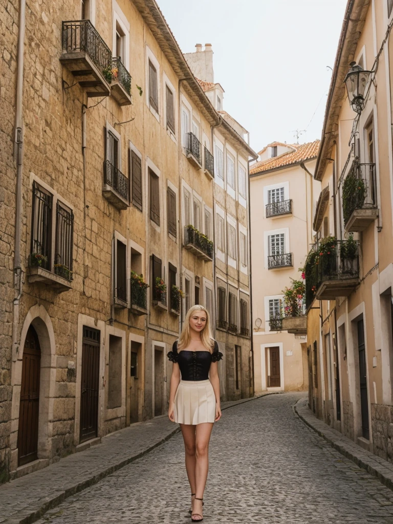 her name is Marie, 1girl, ((20-year-old fit Caucasian woman)), ((20 years old)), ((fit)), ((pale skin tone)), ((medium length straight blonde hair)), wearing Lace-Up Corset Top + High-Waisted Pleated Skirt, pose: standing, background: Write about the unique charm of Porto, Portugal, where tourists can stroll along the Douro River, sample port wine in historic cellars, and admire the city's colorful architecture