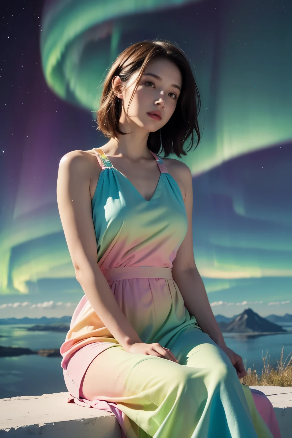 8K, masterpiece, Beautiful woman wearing a multicolored dress sitting on a cloud in the sky, hyperrealism, Aurora,