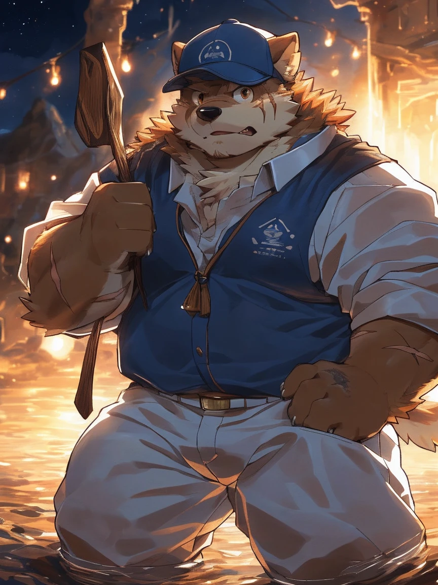 human nature, Wildlife, male,18 years old， solitary, ((Round Face, The face is plump,Orange eyes,Thick orange hair，With scars)), ((Endomorph, Handsome，Hot Blood)), (Sportswear，Light blue and white coat，Wear a sports cap), ((domestic 犬, Dog Orc，) Fluffy fur, Fluffy), Bokeh, (high quality, high resolution, masterpiece), (Dynamic Lighting, Vibrant colors，Natural fill light), (Revitalize，harm，Disdain，aggressive), Full body picture (close up), cartoon, author：Takemoto Arashi, From zixiong, By Chunni, author：Empty Ghost，（background：Night cottage door）