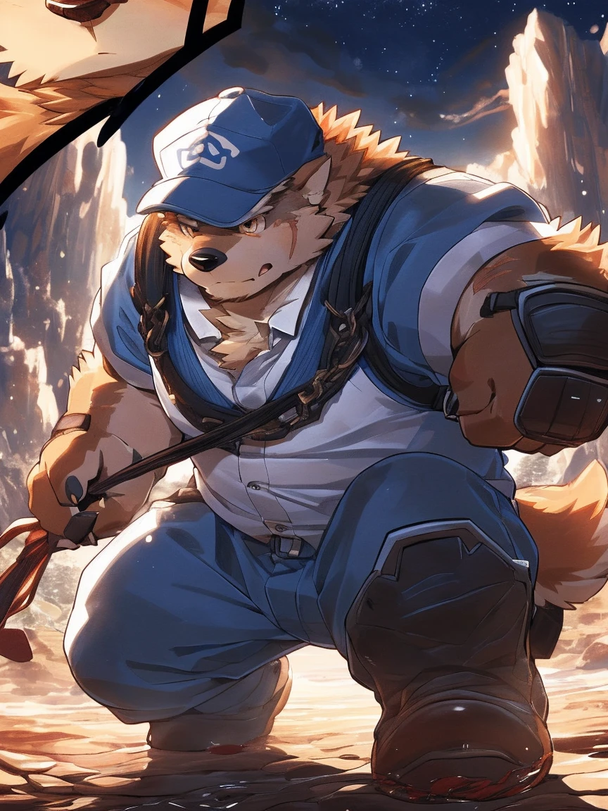 human nature, Wildlife, male,18 years old， solitary, ((Round Face, The face is plump,Orange eyes,Thick orange hair，With scars)), ((Endomorph, Handsome，Hot Blood)), (Sportswear，Light blue and white coat，Wear a sports cap), ((domestic 犬, Dog Orc，) Fluffy fur, Fluffy), Bokeh, (high quality, high resolution, masterpiece), (Dynamic Lighting, Vibrant colors，Natural fill light), (Revitalize，harm，Disdain，aggressive), Full body picture (close up), cartoon, author：Takemoto Arashi, From zixiong, By Chunni, author：Empty Ghost，（background：Night cottage door）