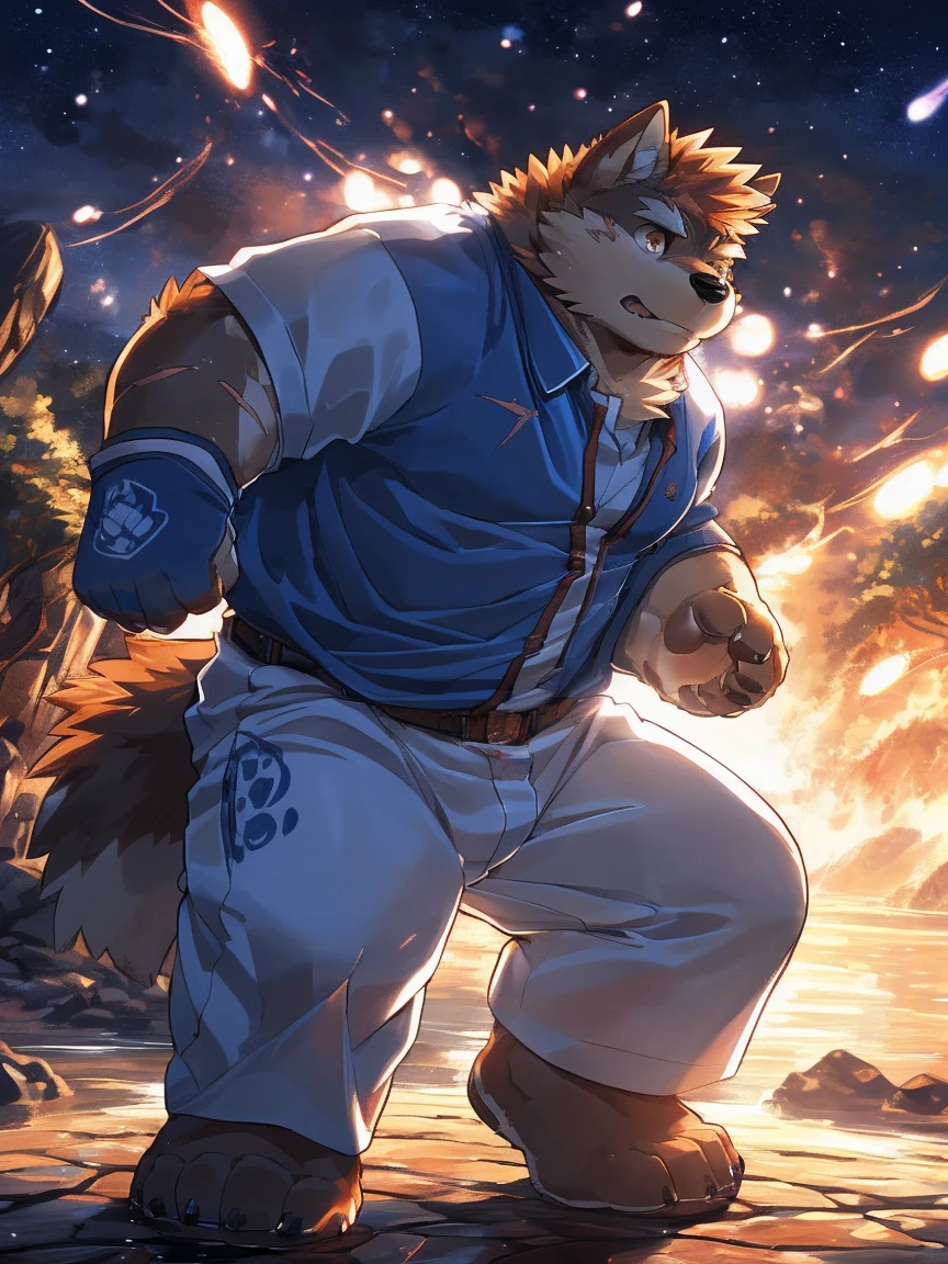 human nature, Wildlife, male,18 years old, solitary, ((Round Face, The face is plump,Orange eyes,Thick orange hair,With scars)), ((Endomorph, Handsome,Hot Blood)), (Sportswear,Light blue and white coat,Wear a sports cap), ((domestic 犬, Dog Orc,) Fluffy fur, Fluffy), Bokeh, (high quality, high resolution, masterpiece), (Dynamic Lighting, Vibrant colors,Natural fill light), (Revitalize,harm,Disdain,aggressive), Full body picture (close up), cartoon, author:Takemoto Arashi, From zixiong, By Chunni, author:Empty Ghost,(background:Night cottage door)