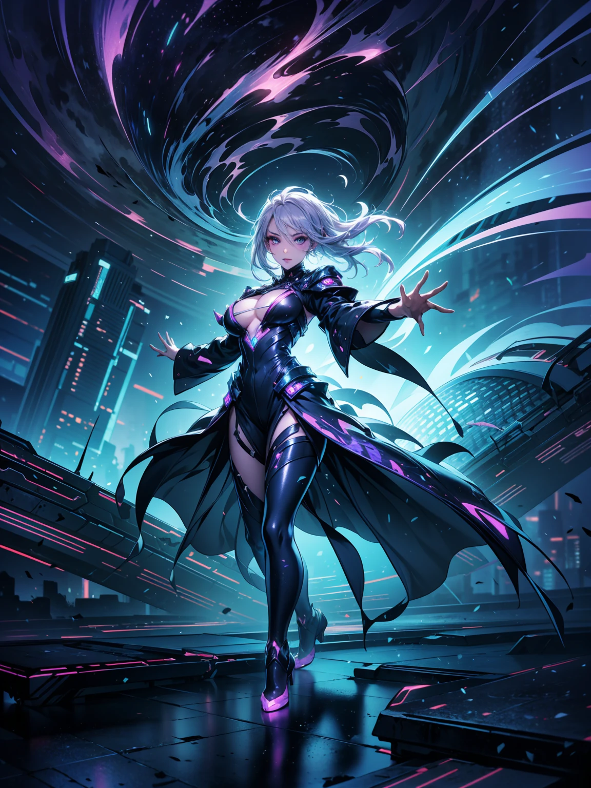 ((full body shot)) of a girl in a sleek, futuristic robe with metallic accents, standing in a stormy, high-tech cityscape. She has short, spiky silver hair and glowing blue eyes, with electricity crackling around her. She holds an advanced staff made of metal and crystal, with arcs of lightning dancing along its surface. The atmosphere is {dynamic|electrifying}, with dark clouds and flashes of lightning illuminating the scene. The ground beneath her is metallic and reflective, covered in a thin layer of water that enhances the electric ambiance. Surrounding her are floating holograms and neon lights in shades of {blue|purple}, casting a vibrant, technological glow. The background features towering skyscrapers with bright, flickering signs and massive screens, hinting at a cyberpunk metropolis. The scene is energetic and futuristic, with her face showing a focused and determined expression, her eyes locked onto her next spell.

[Best quality], [Masterpiece], [Ultra-detailed], [4k], {dynamic|electrifying} atmosphere, high-tech cityscape, {dynamic pose|powerful pose}, stormy illumination, {soft shadows|neon lighting}, {reflected light on wet ground:0.7}, {flashes of lightning:0.6}, {floating holograms:0.5}, {neon lights:0.4}, {futuristic skyscrapers:0.3}.