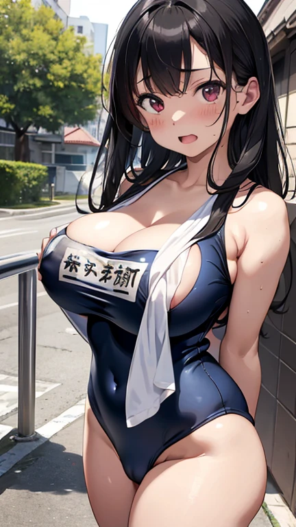 mastute piece,Best Quality,insanely detailed,8k cg,nsfw,
(shoot upper body:1.3),
(1girls:1.3),standing,looking at viewr,body in front,both arms behind back,(school swimsuit:1.3),(bare breasts:1.1),(bare nipples:1.1),
break,
blush,shy,(ecstasy face),(trembling:1.2),break,(light black hair:1.2),long hair,
break,
perfect breasts,perfect teats,(open mouth:0.9),(large breasts:1.3),
(poolsaid)、