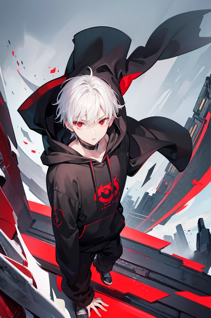 A young man with short white hair, red eyes. Wearing a black hoodie with gray details. He is standing, looking to the side. On a center of a city. Dungeons and Dragons art direction, studio ghibli Style