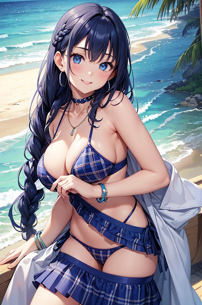 Highest quality、Highest quality、masterpiece、(8K),Beauty(Age 25)、Navy blue long hair(Braiding of the sides)、blue eyes、Sexy Bikini(Plaid)、Big cleavage、(Big Breasts)、smile、blue necklace、Blue Earrings、background(Beach)、Please open your mouth wide、bracelet、Chest puffing pose、Blue choker