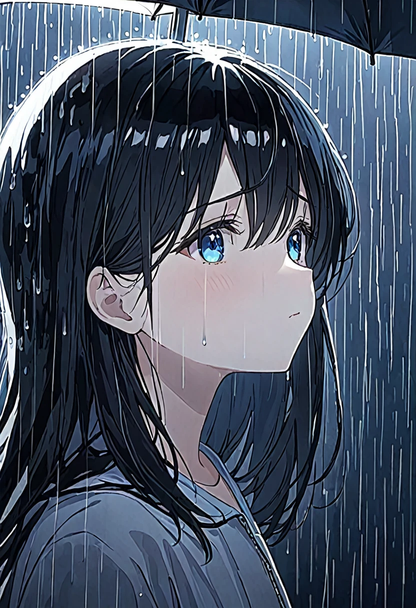 Girl, black hair, blue eyes, wearing a simple , under the rain, the girl turns her face to the sky sadly, under the night rain