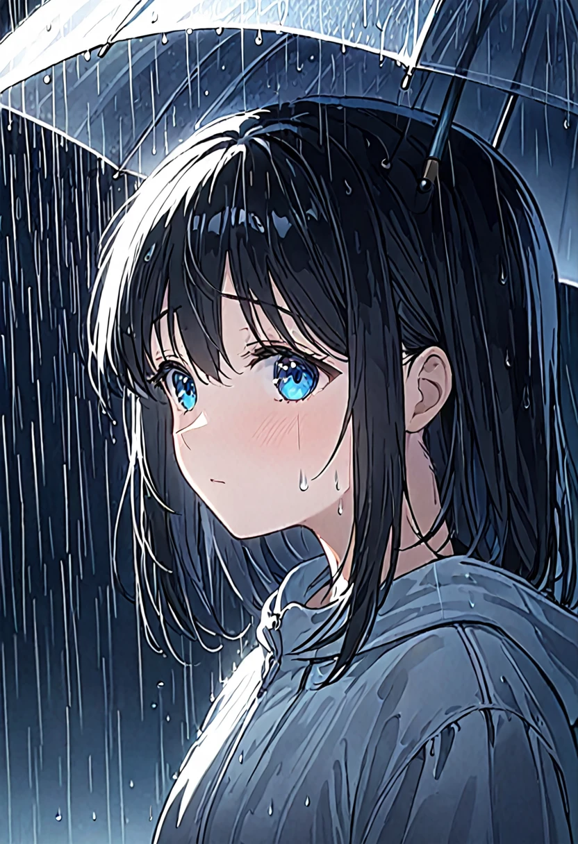 Girl, black hair, blue eyes, wearing a simple , under the rain, the girl turns her face to the sky sadly, under the night rain