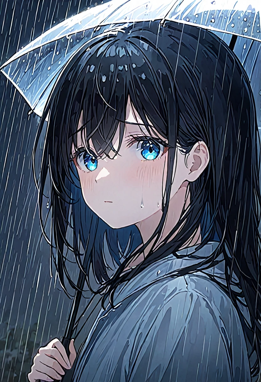 Girl, black hair, blue eyes, wearing a simple , under the rain, the girl turns her face to the sky sadly, under the night rain
