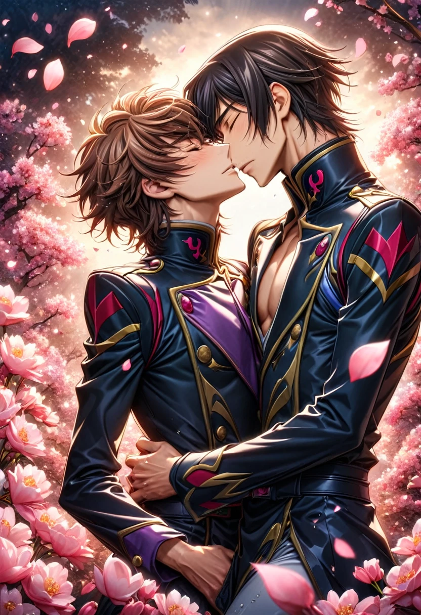 absurdres, highres, ultra detailed, HDR, master piece, best quality, Lelouch Lamperouge, black hair, closed eyes, Code Geass, Kururugi Suzaku, brown hair, closed eyes, two sexy men kissing, yaoi, gay couple, handsome, black military uniform, fantasy, shining, pink flowers, pink blossoms, water, pink petals