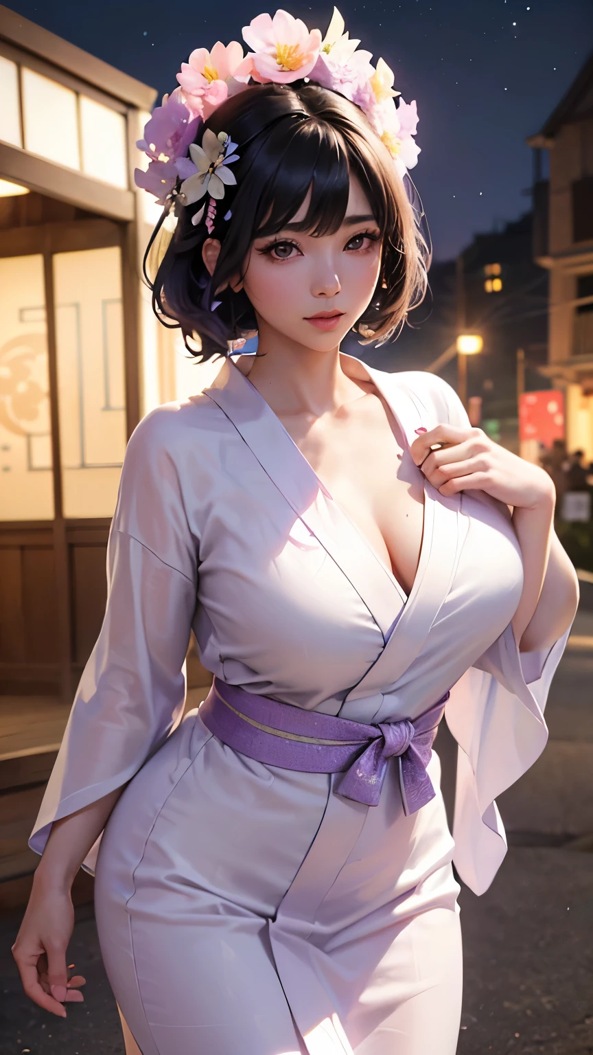(logo、masterpiece、8K、Tabletop、RAW Photos、wonderful、最high quality、フォトリアリスティックでVery detailedな CG 複合 8K 壁紙、high quality、Very detailed、Narrative poem、Particle Effects、Dynamic Effects、Depth of the Boundary、Cinematic Light、Lens flare、Ray Tracing)、 (One beautiful woman wearing a yukata、White yukata、Light purple pattern)、Black-haired、High definition skin、Very fine、Fine skin texture、Beautiful Face、True Face、Beautiful details in the eyes、Realistic eyes、Beautifully detailed eyes、Realistic Skin、Beautiful Skin、Surreal、Smiling Eyes、Hair and light eyes、vivid、Colorful lights and bokeh、plump lower lip、Pink Lips、Hair flutters in Wind、Hair bounces、wonderful景色、night、evening、Wind、moonlight、moonlight、light