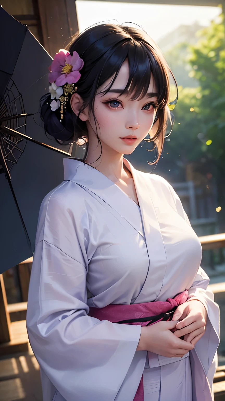(logo、masterpiece、8K、Tabletop、RAW Photos、wonderful、最high quality、フォトリアリスティックでVery detailedな CG 複合 8K 壁紙、high quality、Very detailed、Narrative poem、Particle Effects、Dynamic Effects、Depth of the Boundary、Cinematic Light、Lens flare、Ray Tracing)、 (One beautiful woman wearing a yukata、White yukata、Light purple pattern)、Black-haired、High definition skin、Very fine、Fine skin texture、Beautiful Face、True Face、Beautiful details in the eyes、Realistic eyes、Beautifully detailed eyes、Realistic Skin、Beautiful Skin、Surreal、Smiling Eyes、Hair and light eyes、vivid、Colorful lights and bokeh、plump lower lip、Pink Lips、Hair flutters in Wind、Hair bounces、wonderful景色、night、evening、Wind、moonlight、moonlight、light