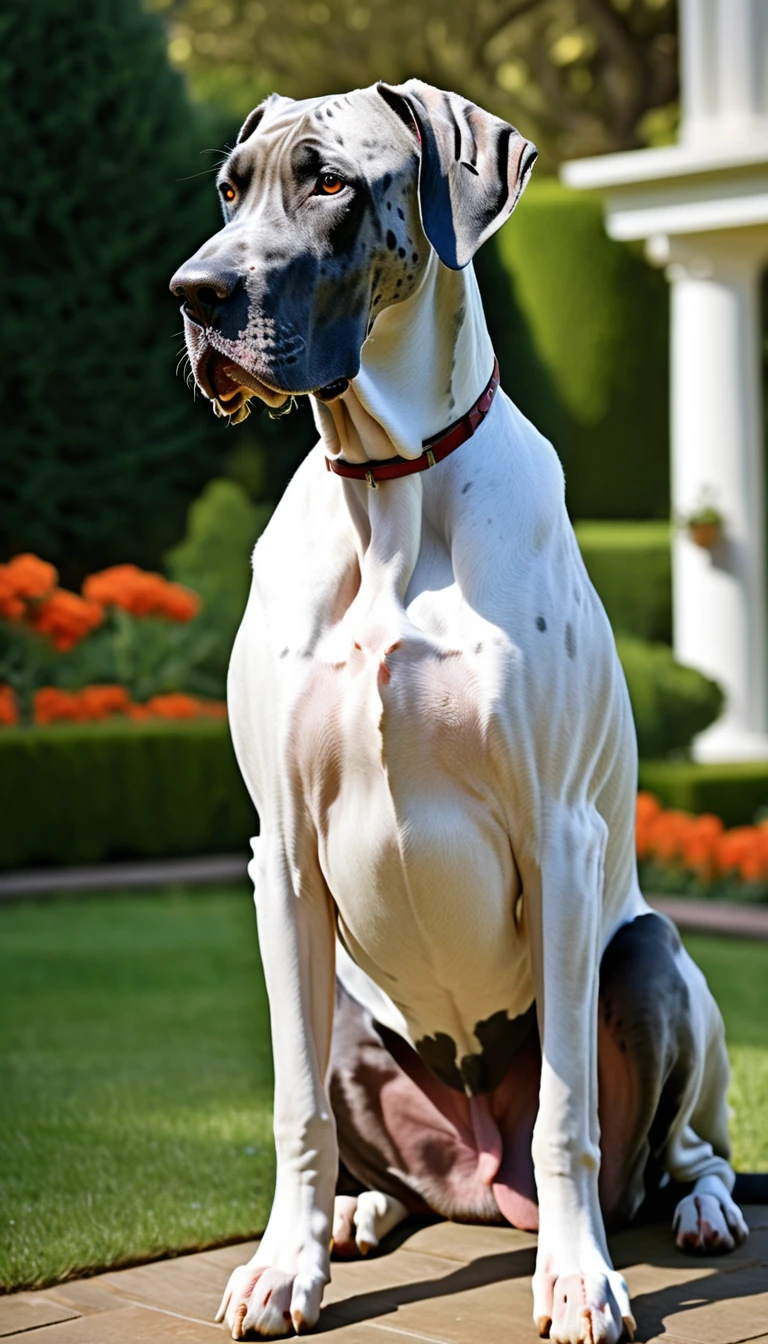 There is no one, realistic photo, photo realism, realism, Dane (Great Dane), perfect composition, intricate details, Very sharp, masterpiece, profile, high resolution, looking at the viewer, Full body photo in garden background