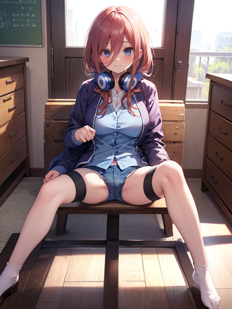 (8K, Highest quality, Highest quality, masterpiece), sit on the floor, (denim hot micro shorts), (vulva peek), big breasts, ((spread legs 1:2)), nm1, headphones around neck, long sleeves, blue cardigan, pantyhose, (fullbody), smile, school uniform, open jacket