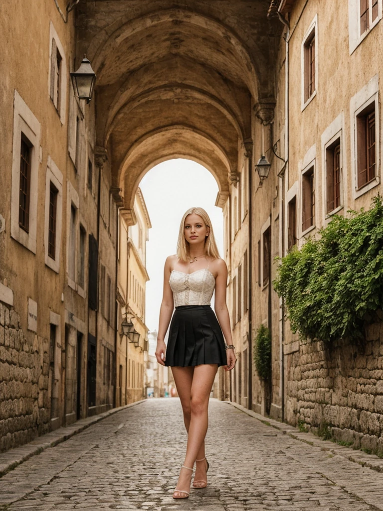 her name is Marie, high quality, 1girl, ((20-year-old fit Caucasian woman)), ((20 years old)), ((fit)), ((pale skin tone)), ((medium length straight blonde hair)), wearing Lace-Up Corset Top + High-Waisted Pleated Skirt, pose: standing, background: Write about the unique charm of Porto, Portugal, where tourists can stroll along the Douro River, sample port wine in historic cellars, and admire the city's colorful architecture