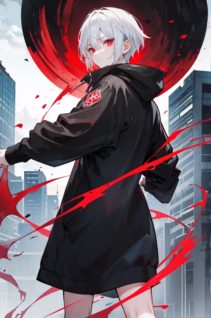 A young man with short white hair, red eyes. Wearing a black hoodie with gray details. He is standing, looking to the side. On a center of a city. Dungeons and Dragons art direction, studio ghibli Style