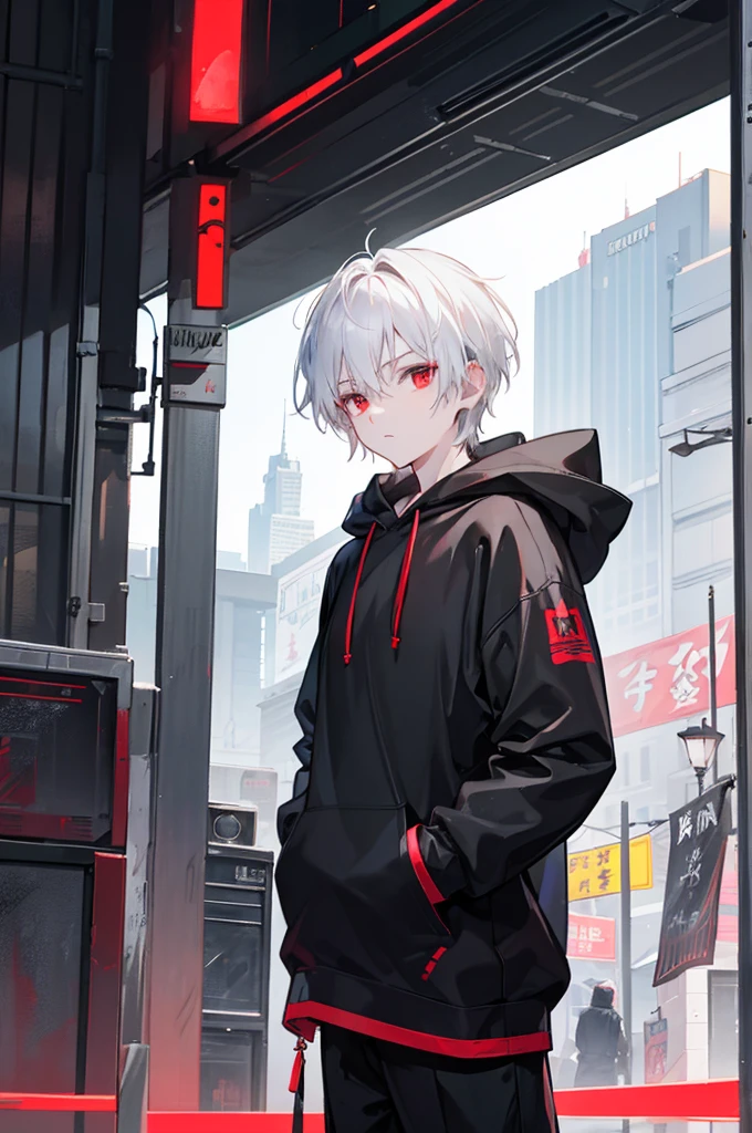 A young man with short white hair, red eyes. Wearing a black hoodie with gray details. He is standing, looking to the side. On a center of a city. Dungeons and Dragons art direction, studio ghibli Style
